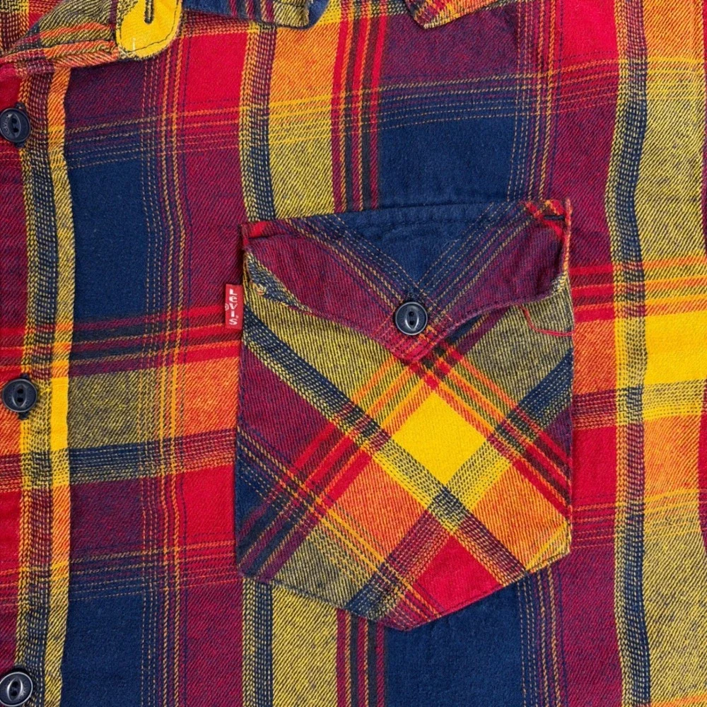Levi's Flannel Shirt Mens XXL Red Yellow Blue Plaid Western Cotton Button Down